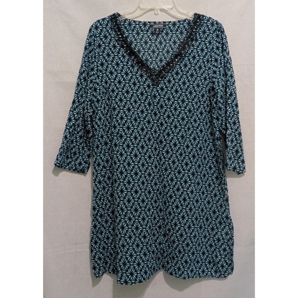 Lands End Tunic Top Women M Teal Excellent Beaded V-Neck 3/4 Sleeve Cotton